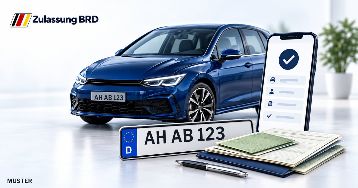Online Fahrzeugzulassung in Isselburg: Musterkennzeichen AH AB 123, Auto und Fahrzeugpapiere und Smartphone. Illustration mit Logo von Zulassung BRD.